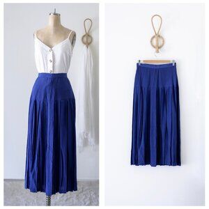 80's 90's Vintage Royal Blue Pleated Midi Rayon Skirt/28"/Made in the USA